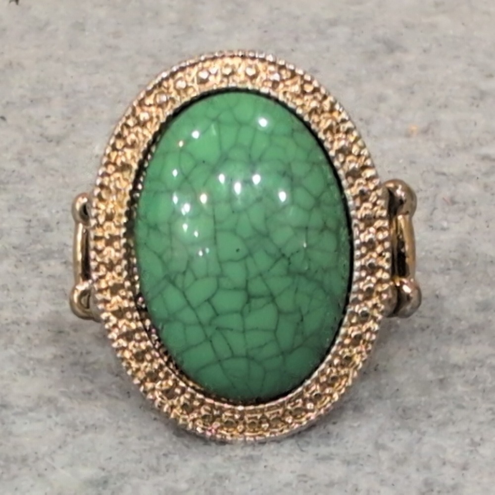 Vintage Oval Turquoise Style Gemstone Ring Gold Tone Adjustable Band Statement - Picture 1 of 3